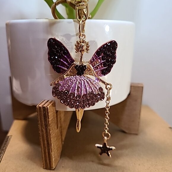 Rhinestone‎ Fairy Ballerina Keychain Purse Charm Gold Tone Purple Wings Star - Picture 2 of 4